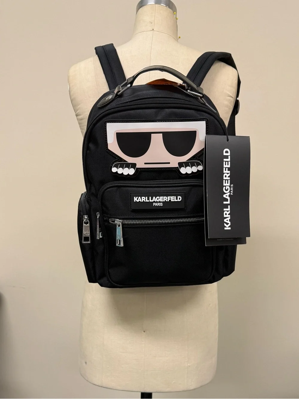 Karl Lagerfeld Travel Black Mini Backpack with Graphic “peekaboo” Lets go,  NWT